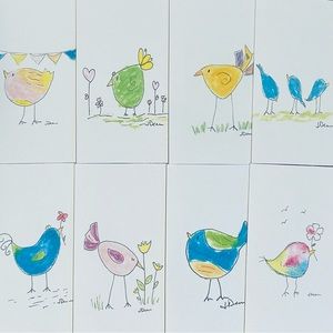Set of 8 Watercolor Print Cards - Whimsical Birds